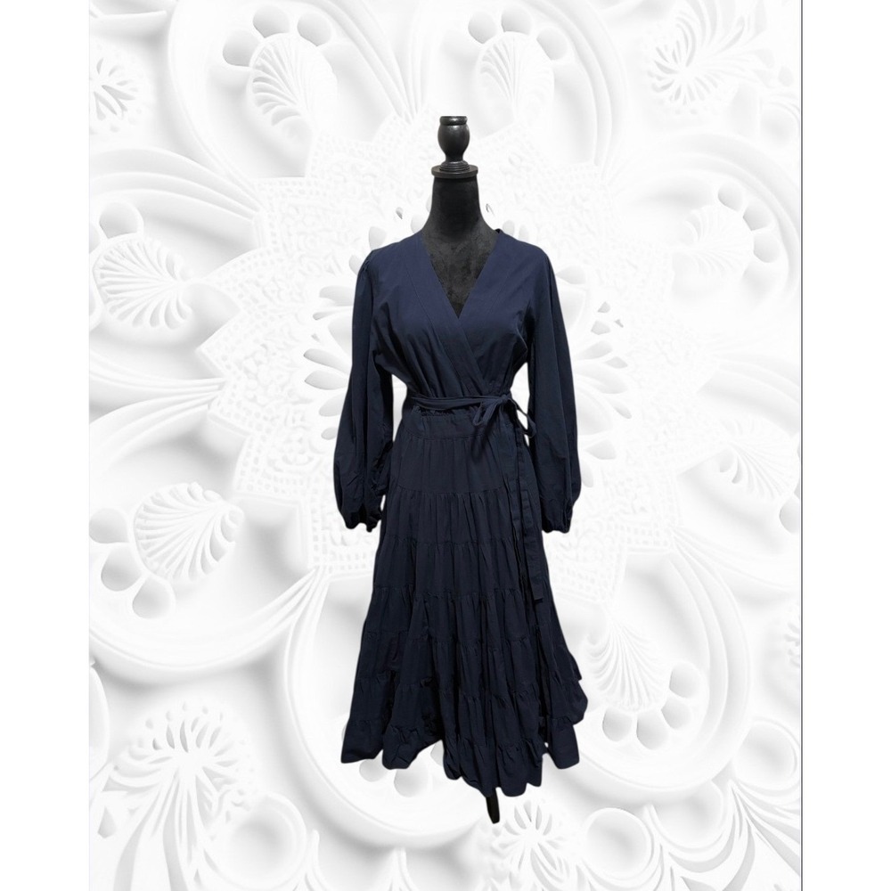 Gibson Latimer Wrap Midi Dress Womens Large Navy Blue Excellent Tiered Balloon